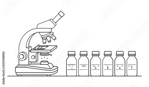 Tableau sur toile Laboratory microscope with row of chemical reagent bottles outline vector illust