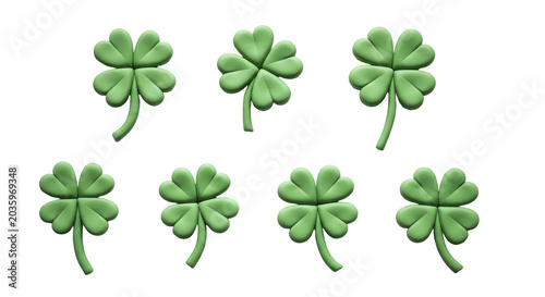 close-up of seven green four leaf clovers isolated on a white surface good luck st patricks day themes