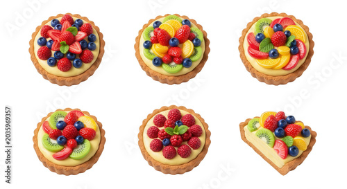 assorted fruit tarts displayed on a white background dessert menu and culinary presentations