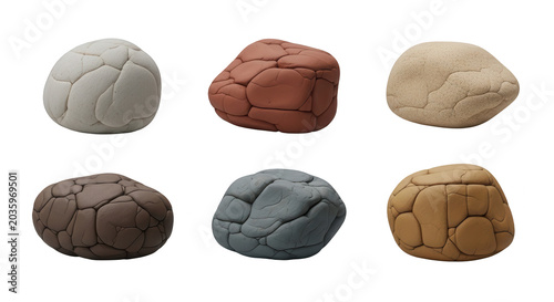 six colorful clay rocks arranged on white background simulating natural stones design elements