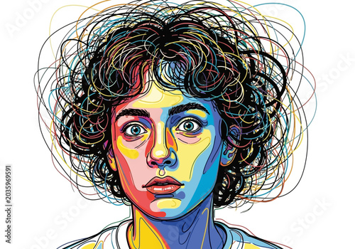Vibrant Portrait of a Young Person with Expressive Eyes and Wild Hair.
