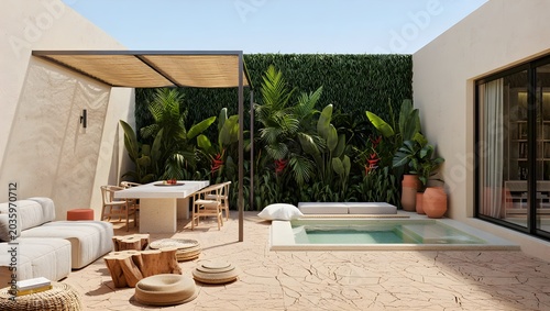 Ultra Minimalist Enclosed Courtyard Villa With Dark Mosaic Plunge Pool, Lush Tropical Palm Garden Against White Render Walls And Natural Rattan Outdoor Living (AI-Generated)
