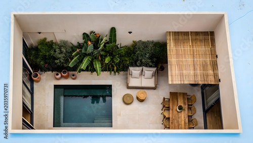Ultra Minimalist Enclosed Courtyard Villa With Dark Mosaic Plunge Pool, Lush Tropical Palm Garden Against White Render Walls And Natural Rattan Outdoor Living (AI-Generated)