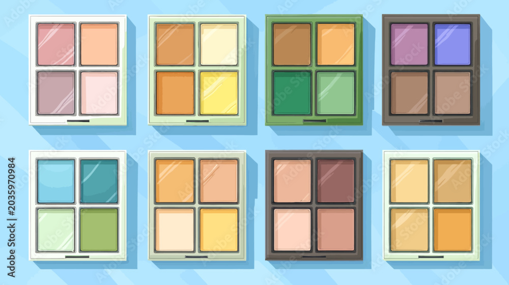 Fototapeta premium Collection of eight colorful makeup palettes with various shades