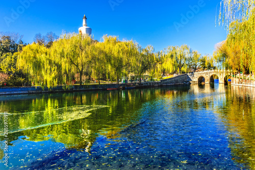 Bridge Willows Buddhist White Stupa Beihai Lake Park Beijing China