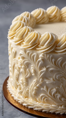 A close-up image of a cake decorated with white cream.
