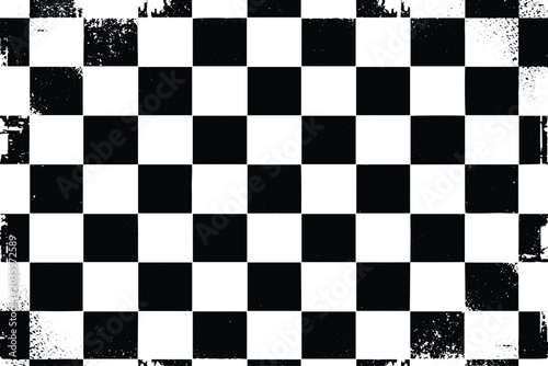 Grunge checkered pattern with ornamental corners. Distressed black and white checkerboard background with decorative frame.