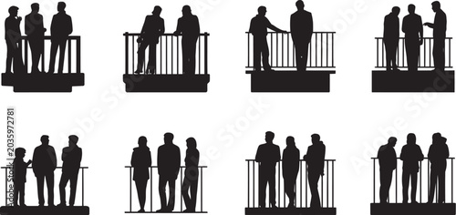 Balcony people silhouette vector set, black and white illustration of urban lifestyle scene for architecture, city living, relaxation, social gathering, and creative design projects.