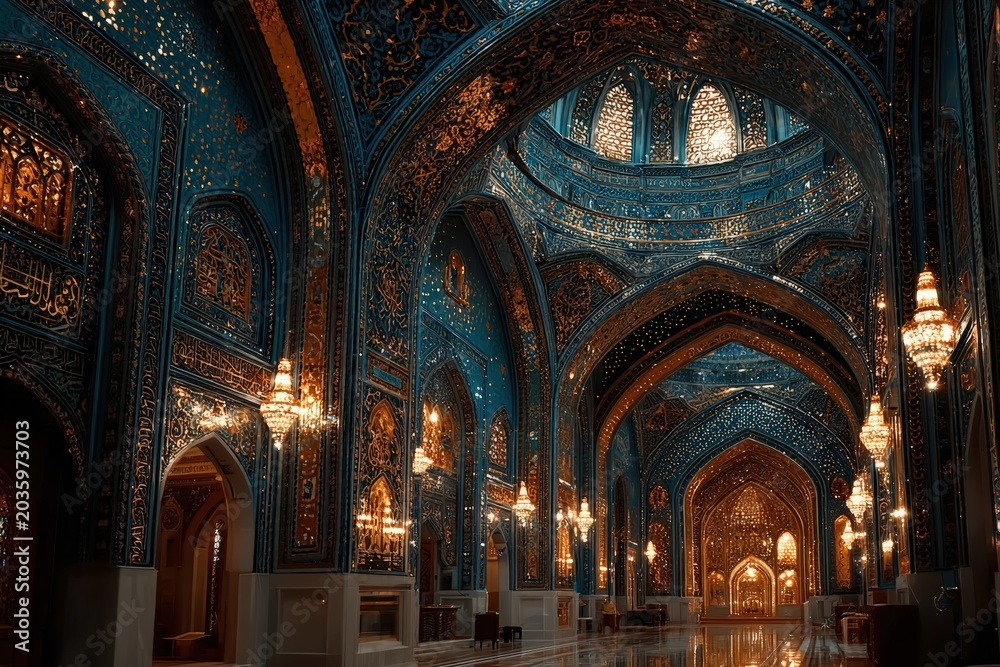 Obraz premium Macro photograph of intricate blue ceramic mosaic tiles from a Registan madrasah featuring exquisite gold leaf accents and detailed geometric patterns.