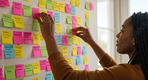 Black Woman Organizing Colorful Sticky Notes on Whiteboard, Planning and Strategy.