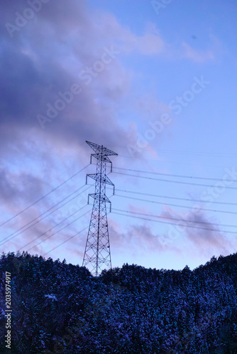 Serene silhouette of electricity pylon over forest line under moody purple twilight sky. Industrial backdrop for mental burnout, chronic stress therapy and sustainable smart grid infrastructure