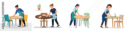 A flat design illustration of a restaurant staff member wiping down a dining table with a cloth. Simple and clean, minimalist aesthetic, no outlines, bright modern colors, plain white background.