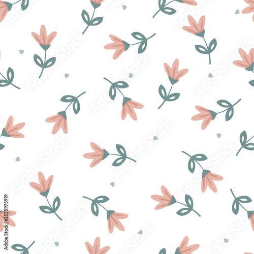 Floral botanical ditsy pattern cute pink small flowers and hearts