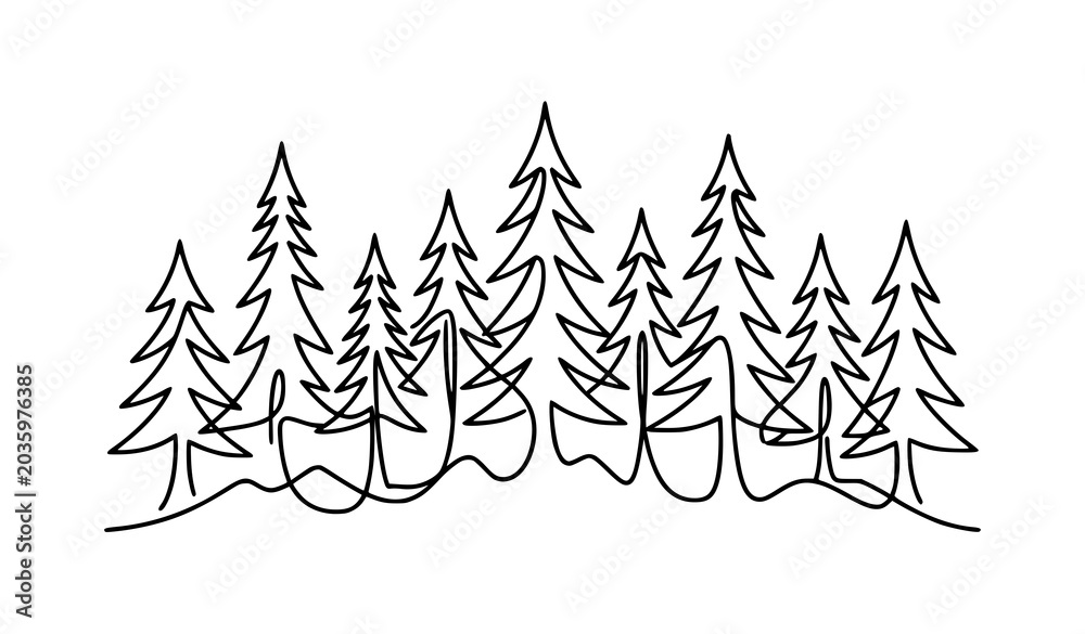 Obraz premium Minimal Pine Tree Forest Line Art Landscape Vector Illustration