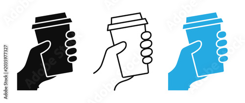 Hand holding coffee cup icons in black, White and blue for design and branding purposes vector illustration