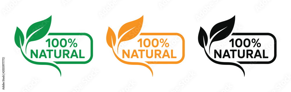 Obraz premium 100 percent natural icon set with leaf and speech bubble in green orange black vector illustration