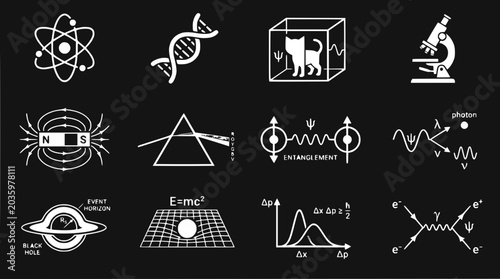 Bild auf Leinwand Science Icons: Physics, Biology, Chemistry, Astronomy - White Graphics on Black