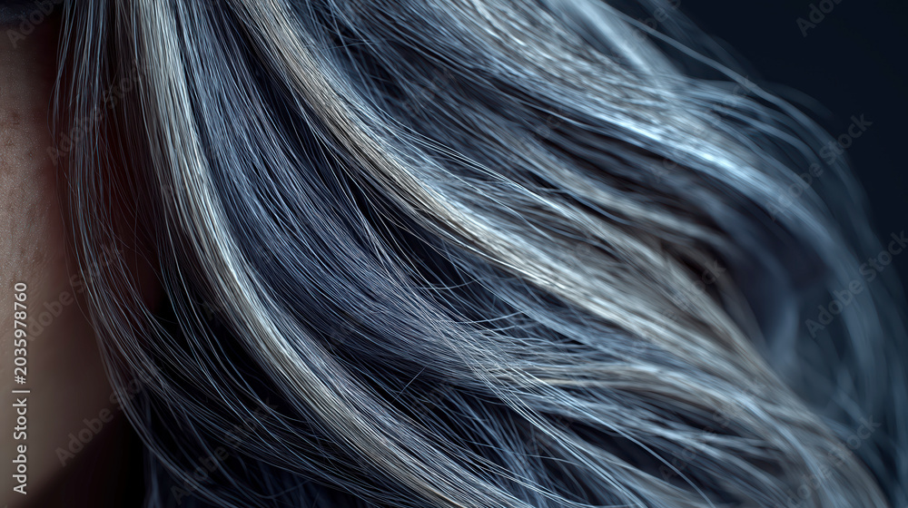 Naklejka premium Close Up View Of Long Silver Hair On Woman Wearing Dark Blue Outfit