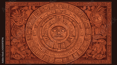 Rectangular ancient Mayan calendar with central face, surrounded by mythic figures