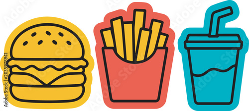Colorful fast food icons including burger fries and soda on white background