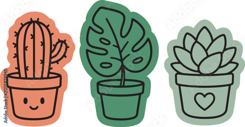 Colorful illustrations of potted plants with decorative backgrounds