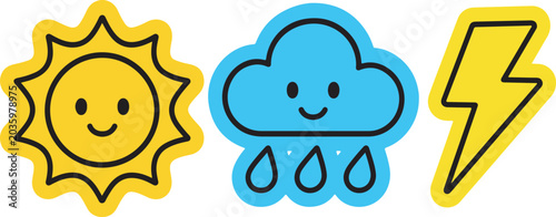 Weather icons with sun cloud and lightning bolt symbols
