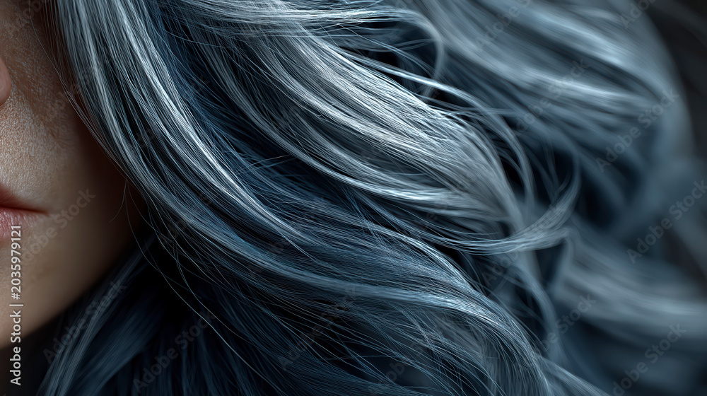 Naklejka premium Woman With Wavy Silver Hair Posing Side View In Blue Clothing