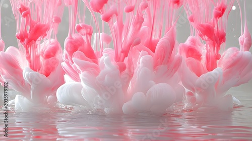 Pink and white ink explosion in water, abstract liquid swirl background, ethereal smoke clouds underwater, artistic paint splash texture