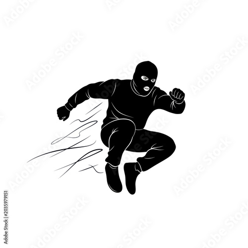 Bild auf Leinwand Burglar wearing ski mask jumping with motion lines, isolated on white background