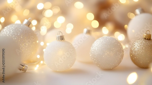 Elegant white Christmas ornaments with golden glitter, festive holiday baubles on bokeh lights background, luxury winter celebration decor