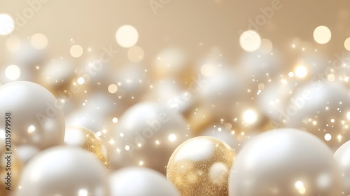 Elegant white and gold pearls background, luxury festive spheres with bokeh lights, shimmering decorative balls for wedding and holiday design