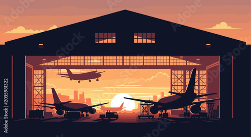 Spectacular sunset illuminates a vast airplane hangar with an aircraft ready for flight, capturing the beauty of aviation and twilight