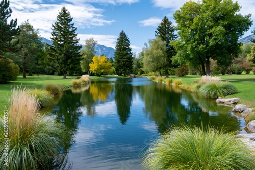 Canvas Print Park pond reflecting colorful autumn trees and mountains