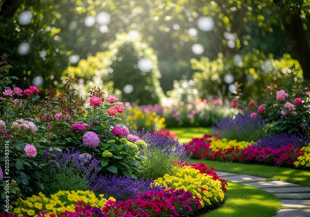 Obraz premium Colorful flowers blooming in a beautiful garden path