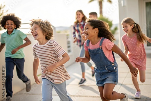 Sunlit street, children chasing joyfully