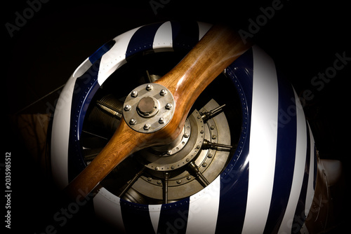 Vintage plane engine and propeller at the Museum of Flight in Seattle, Washington.