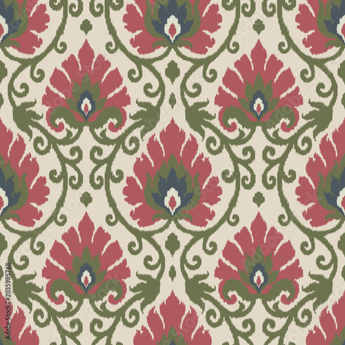 Vintage Ikat damask seamless pattern background with floral motifs