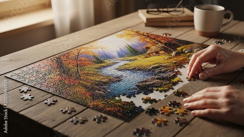 Hands assembling a scenic landscape jigsaw puzzle on a wooden table