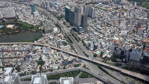 Cityscape in Ho Chi Minh City, Vietnam: Panoramic view of the skyline with the Saigon River and high-rise buildings in 2020