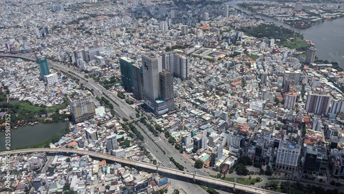 Cityscape in Ho Chi Minh City, Vietnam: Panoramic view of the skyline with the Saigon River and high-rise buildings in 2020