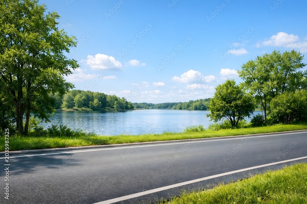 Fototapeta premium Empty asphalt road through a green forest leading toward the countryside under a cloudy summer sky