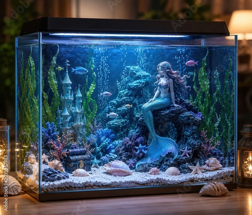 Fantasy mermaid aquarium with underwater castle and colorful tropical fish in home decor setting