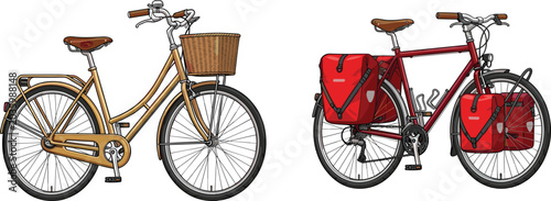 Tableau sur toile Set of illustrated bicycle icons featuring a city bike with basket and a touring
