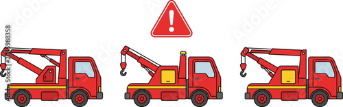 Schilderij op canvas Set of red tow truck icons and caution warning sign isolated on a white backgrou