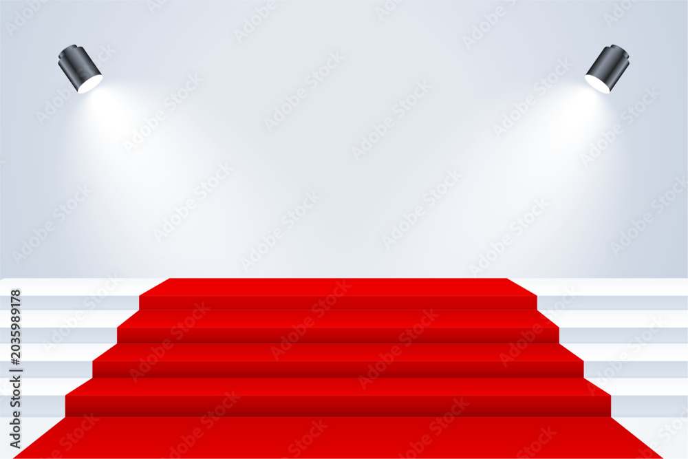 Obraz premium red carpet on white staircase with two spotlights effect