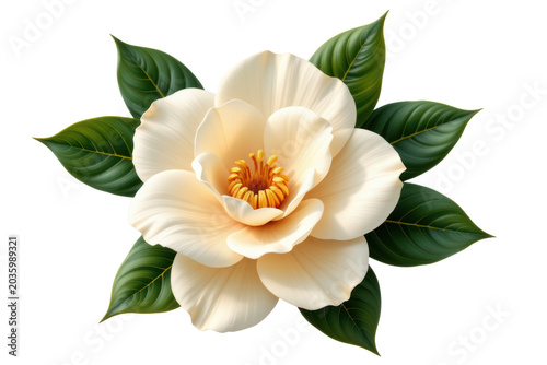 Cream-colored magnolia flower with detailed petals and lush green leaves.