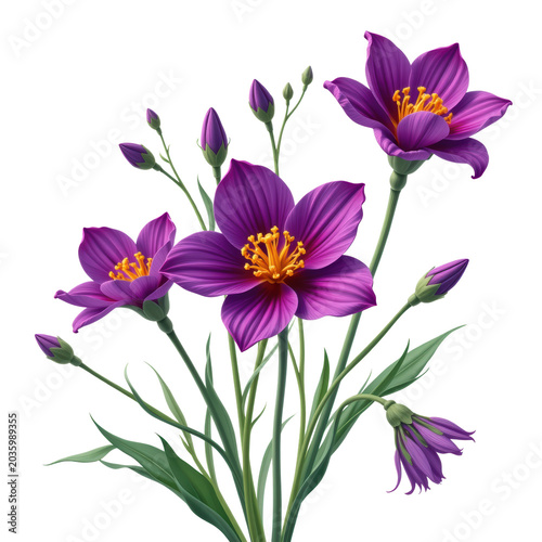 Three vibrant purple flowers with yellow centers and several buds on green stems.