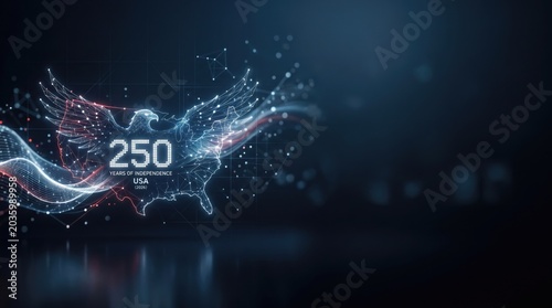 Digital USA 250th Anniversary Celebration Graphic with Glowing Wireframe Eagle and Map Concept for Patriotic Technology and Future Independence Commemoration