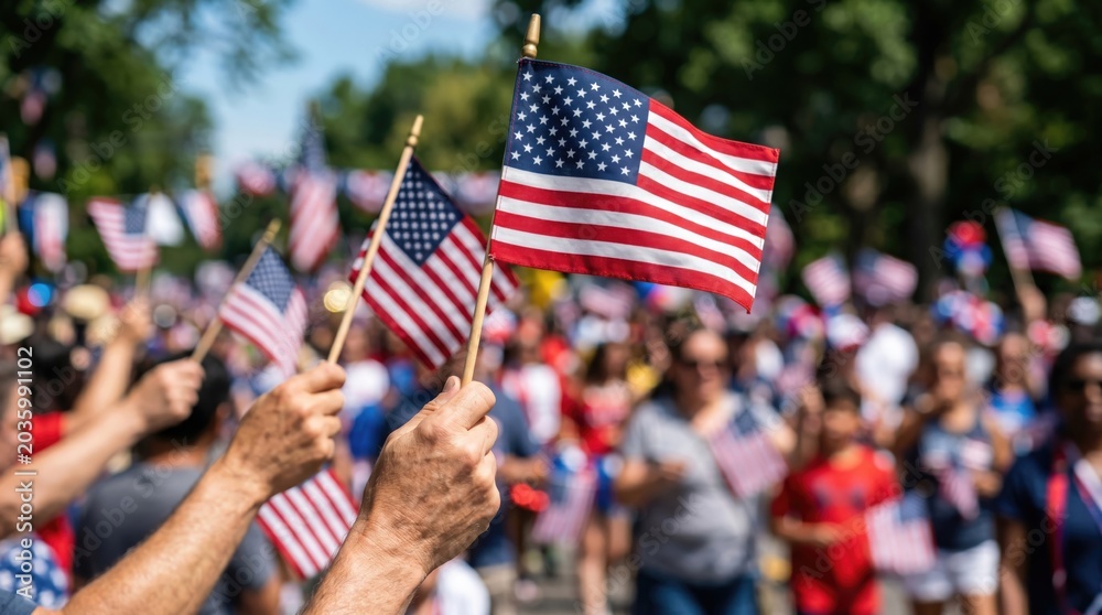 Fototapeta premium Diverse Crowd Holding American Flags at Patriotic Community Parade Celebration Concept of National Pride Unity and Independence Day Festivities for Social Media Content