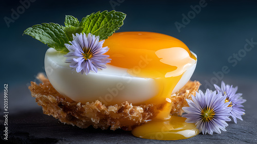 Soft-boiled egg with runny yolk served on a crispy base, garnished with mint leaves and purple flowers on a dark stone surface. Selective focus